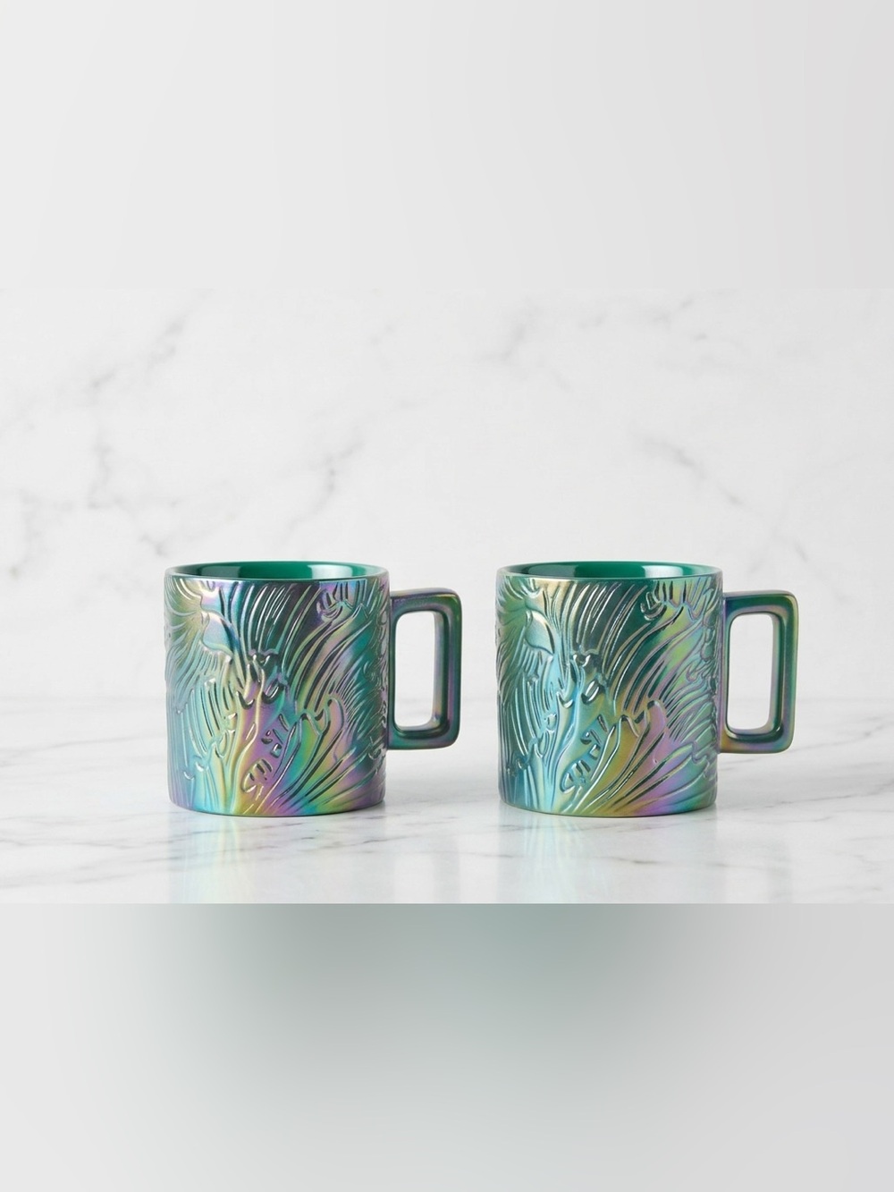 Starbucks 2024 Anniversary Siren Tail Mugs Set 2 Iridescent Green Ceramic 14oz